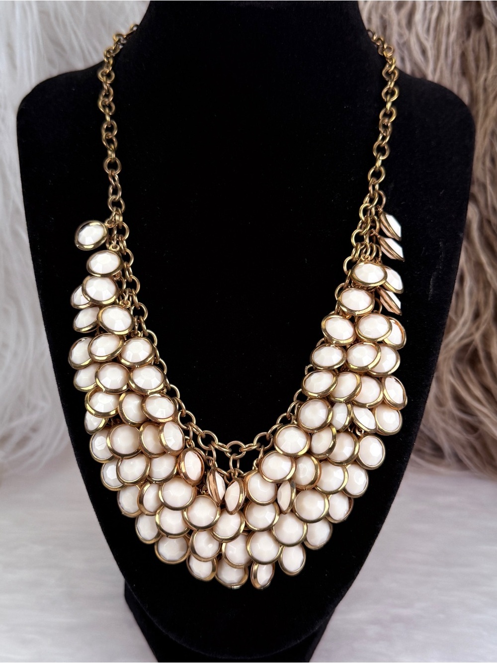 Vintage Ivory Color Faceted Bib Statement Necklace Gold Tone